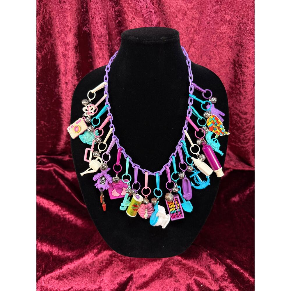 Vintage 1980s Plastic Chain Charm Necklace - 20 Bell Charms - Purple & Aqua Blue